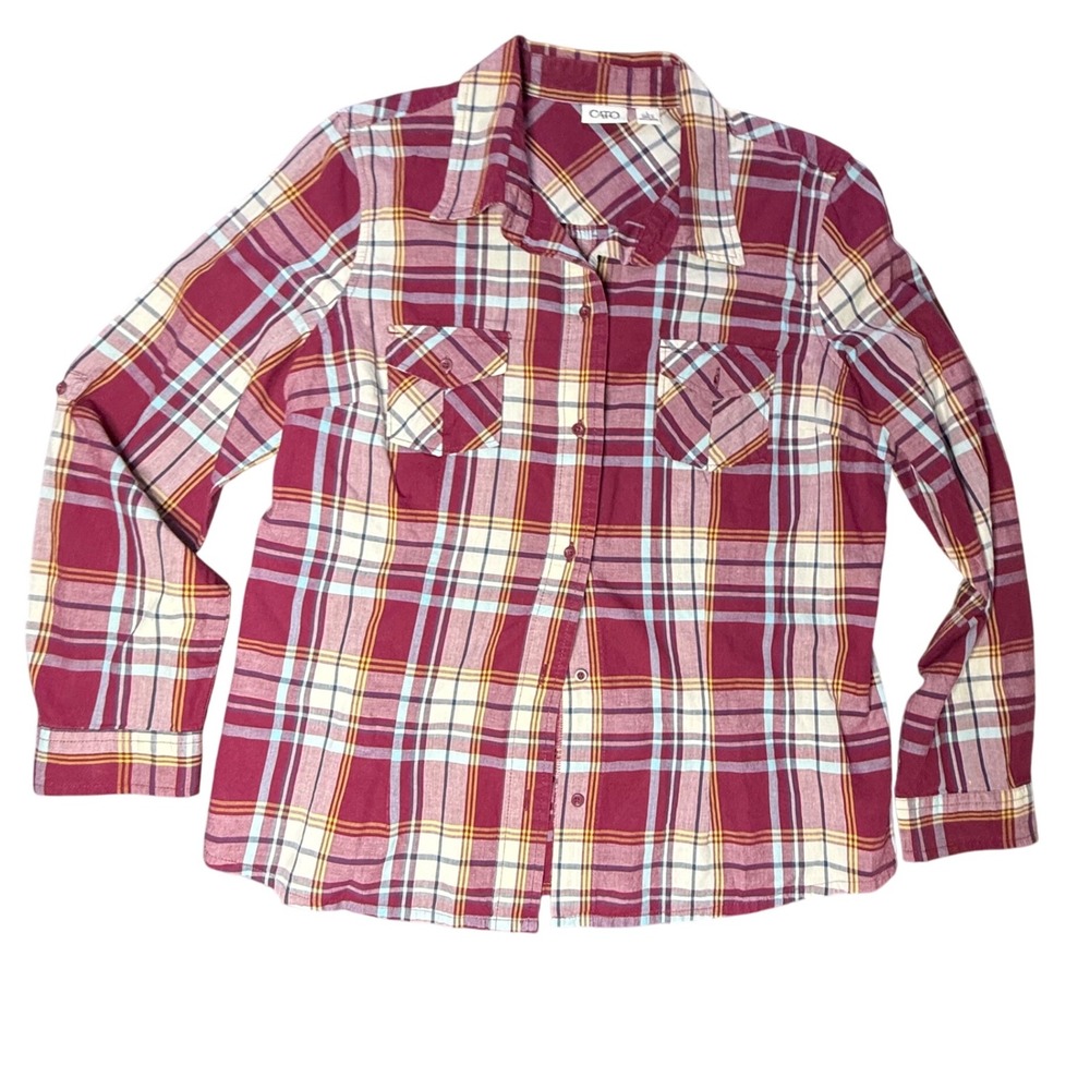 Cato Womens Flannel Plaid Button Up Shirt Long Sleeve Pockets Burgundy L